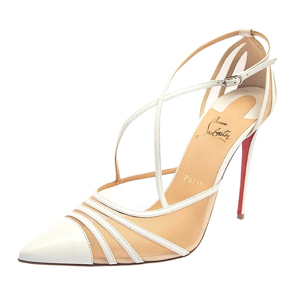 Christian Louboutin White Net And Leather Theodorella Pumps Size 38.5